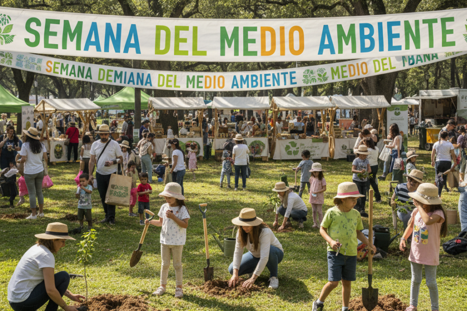 Semana del Medio Ambiente: guía para participar en tu ciudad 1 A vibrant community event in a sunny park, families and children participating in a tree planting activity, with colorful banners reading 'Semana del Medio Ambiente' and eco-friendly stalls in the bac