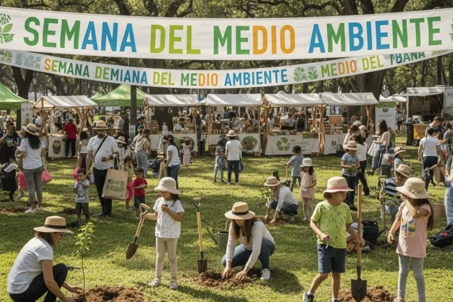 Semana del Medio Ambiente: guía para participar en tu ciudad 15 A vibrant community event in a sunny park, families and children participating in a tree planting activity, with colorful banners reading 'Semana del Medio Ambiente' and eco-friendly stalls in the bac
