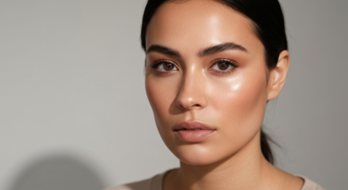 A close-up portrait of a woman with natural, radiant skin and subtly defined eyes, wearing minimal makeup with a fresh and healthy glow. Soft lighting, neutral background.