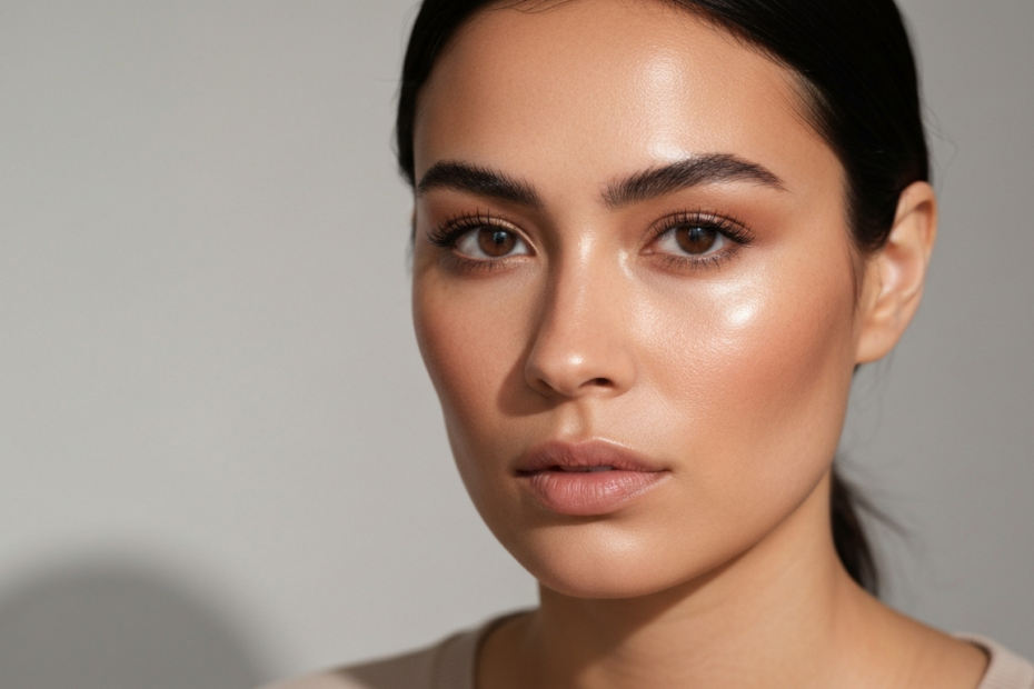 A close-up portrait of a woman with natural, radiant skin and subtly defined eyes, wearing minimal makeup with a fresh and healthy glow. Soft lighting, neutral background.