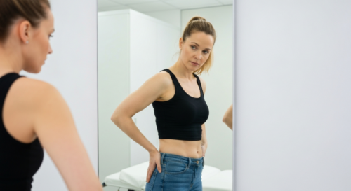 Photorealistic image of a woman in her 30s looking at her reflection in a mirror, touching her gluteal area with a thoughtful expression. The setting is a modern clinic with soft lighting. No text or