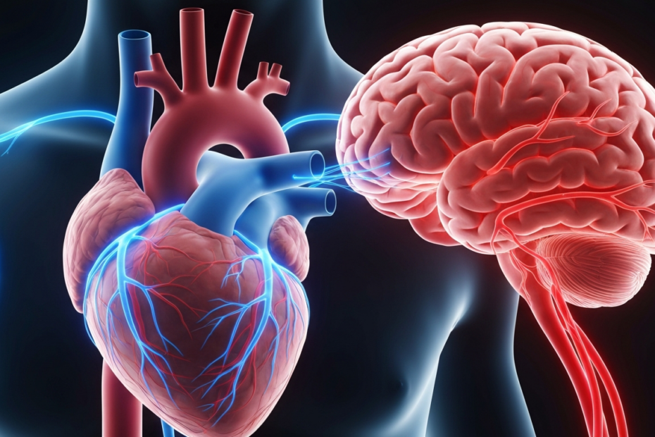 Photorealistic image of a human heart and brain connected by glowing neural and vascular pathways, symbolizing the heart-brain connection. Medical illustration style, soft blue and red tones, no text.