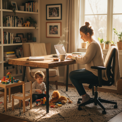 A busy mother working on a laptop at home while her toddler plays nearby, natural light, photorealistic, warm atmosphere, cozy home office