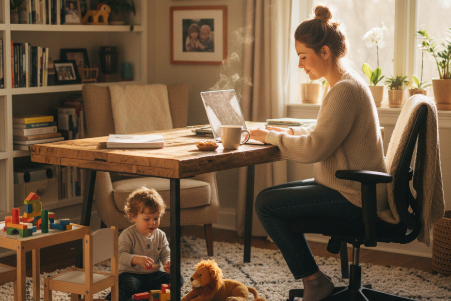 A busy mother working on a laptop at home while her toddler plays nearby, natural light, photorealistic, warm atmosphere, cozy home office