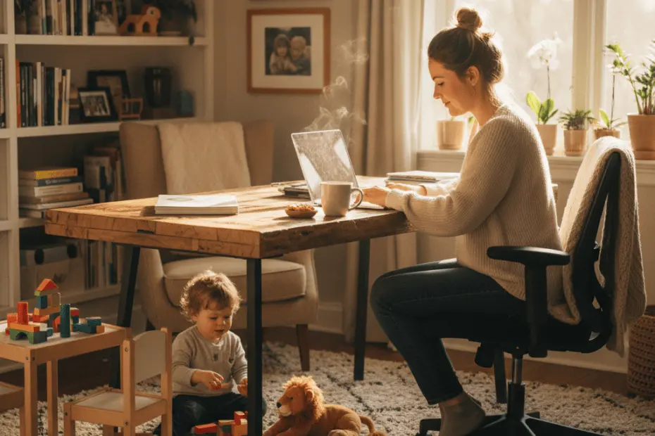 Maternidad y carrera: Cómo gestionar el tiempo siendo madre trabajadora 13 A busy mother working on a laptop at home while her toddler plays nearby, natural light, photorealistic, warm atmosphere, cozy home office