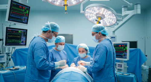 Photorealistic image of a lung transplant surgery in an operating room, with surgeons focused on the patient, medical monitors displaying vital signs, and a sterile environment with blue drapes. No te
