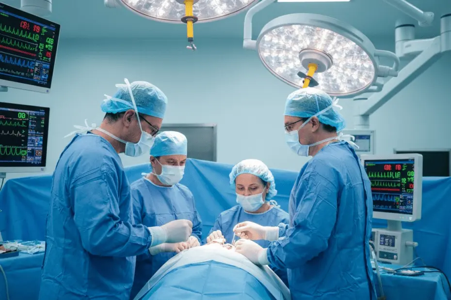 Trasplante de pulmón: causas, proceso y esperanza de vida 19 Photorealistic image of a lung transplant surgery in an operating room, with surgeons focused on the patient, medical monitors displaying vital signs, and a sterile environment with blue drapes. No te