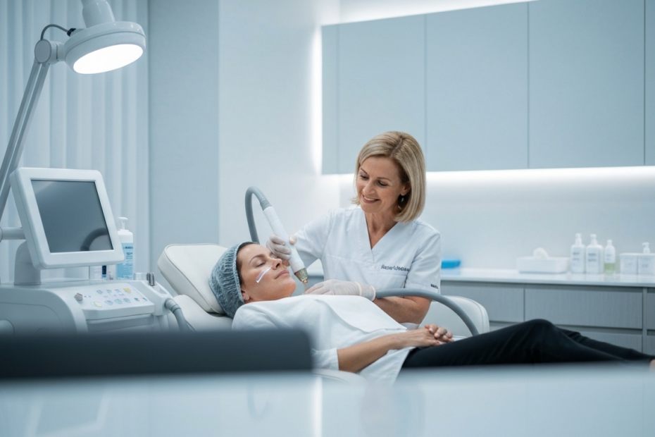 Medicina Estética: Evolución, Técnicas y Tendencias 2024 1 Photorealistic image of a modern medical aesthetics clinic with a dermatologist using a laser device on a patient's face, soft lighting, clean and professional environment, no text or logos.