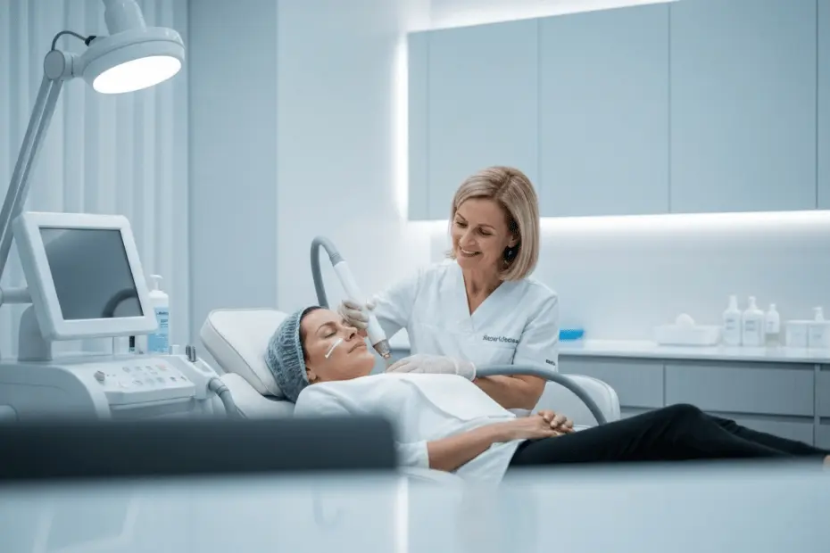 Medicina Estética: Evolución, Técnicas y Tendencias 2024 15 Photorealistic image of a modern medical aesthetics clinic with a dermatologist using a laser device on a patient's face, soft lighting, clean and professional environment, no text or logos.