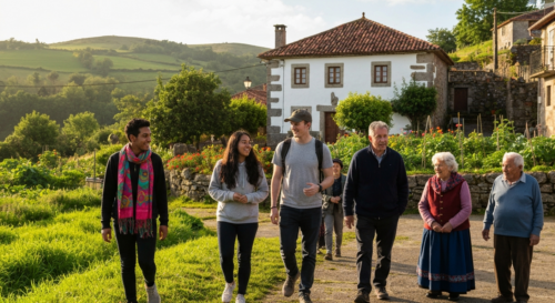 A realistic photo of a diverse group of students from Yale University walking through a lush green Galician landscape, talking with local elders in a small village square, with a traditional stone hou