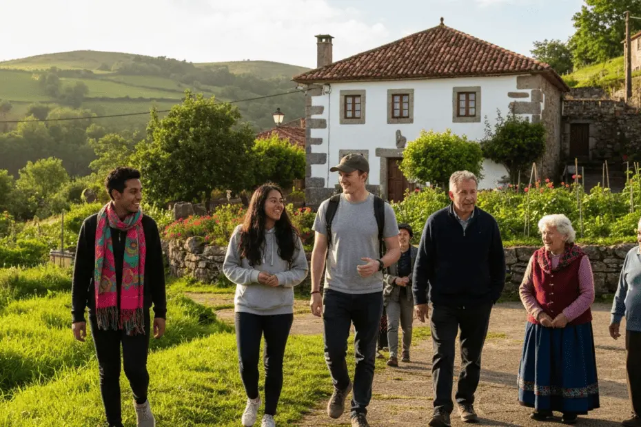 Laboratorios ecosociales: la revolución comunitaria que Yale estudia en Galicia 9 A realistic photo of a diverse group of students from Yale University walking through a lush green Galician landscape, talking with local elders in a small village square, with a traditional stone hou