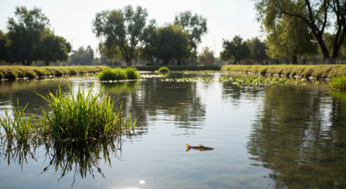 A photorealistic image of a restored chinampa in Xochimilco, Mexico City, with clear water, native plants, and a ajolote (Ambystoma mexicanum) swimming near the surface. Soft sunlight filtering throug
