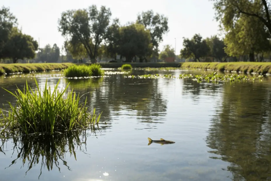 Ajolotización en CDMX: ¿Distracción o solución ecológica? 13 A photorealistic image of a restored chinampa in Xochimilco, Mexico City, with clear water, native plants, and a ajolote (Ambystoma mexicanum) swimming near the surface. Soft sunlight filtering throug