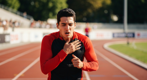 A professional athlete in a track suit, mid-run on a sunny track, coughing while holding a hand to chest, with a concerned expression. Photorealistic, bright daylight, shallow depth of field, focus on