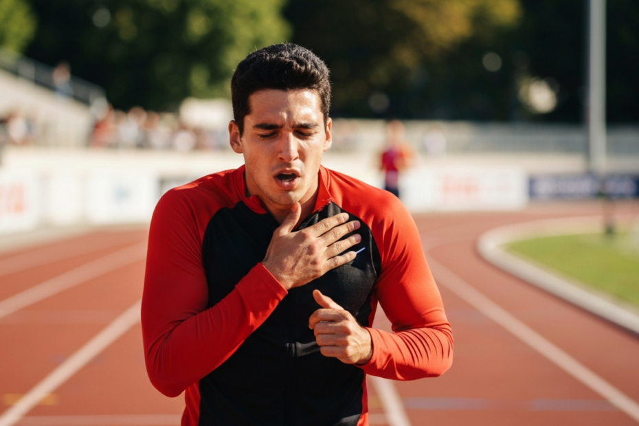 Tos crónica en deportistas: causas y soluciones 1 A professional athlete in a track suit, mid-run on a sunny track, coughing while holding a hand to chest, with a concerned expression. Photorealistic, bright daylight, shallow depth of field, focus on