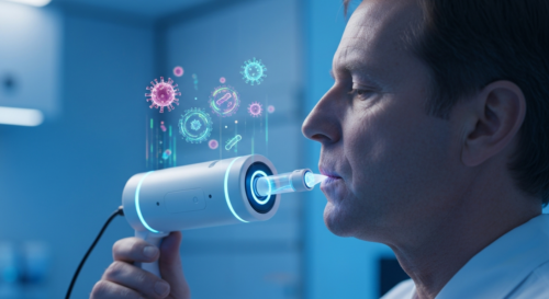 Photorealistic image of a person exhaling into a futuristic sensor device, with holographic data visualizations floating above it, showing virus and bacteria icons. Clean medical setting, soft blue li