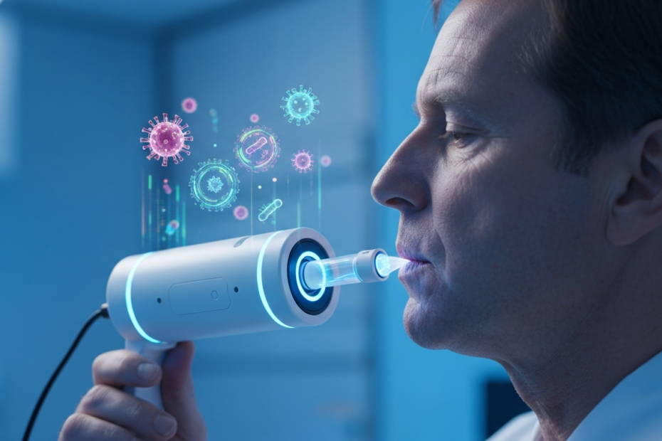 IA y aire: predicción de enfermedades con biotecnología 1 Photorealistic image of a person exhaling into a futuristic sensor device, with holographic data visualizations floating above it, showing virus and bacteria icons. Clean medical setting, soft blue li