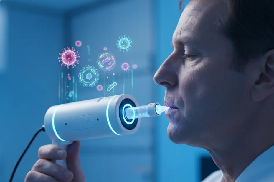 IA y aire: predicción de enfermedades con biotecnología 9 Photorealistic image of a person exhaling into a futuristic sensor device, with holographic data visualizations floating above it, showing virus and bacteria icons. Clean medical setting, soft blue li