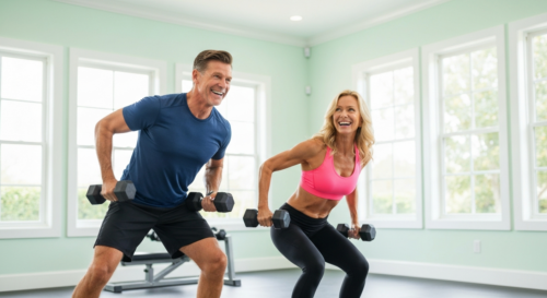 A middle-aged man and woman in a bright home gym, smiling while doing dumbbell rows and squats. Natural light, clean aesthetic, fitness motivation.