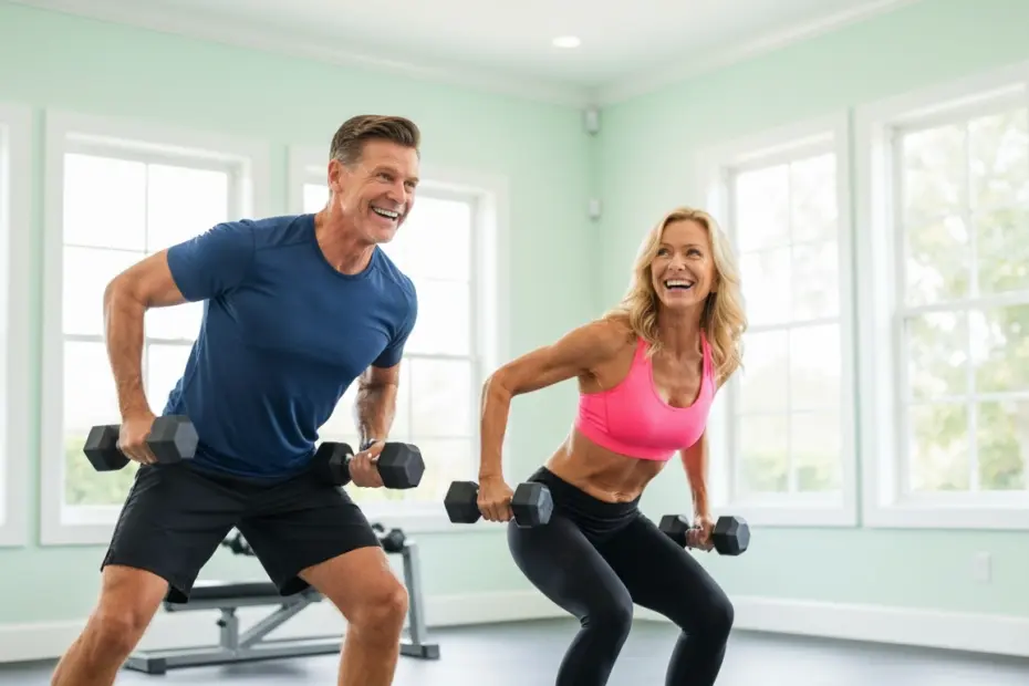 Fuerza y longevidad: cómo 90 minutos semanales alargan tu vida 7 A middle-aged man and woman in a bright home gym, smiling while doing dumbbell rows and squats. Natural light, clean aesthetic, fitness motivation.