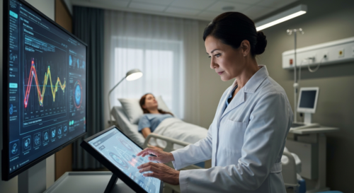 A photorealistic image of a modern hospital room with a large screen showing AI-driven diagnostic data, a doctor in a white coat analyzing the screen, and a patient in bed in the background. Soft ligh
