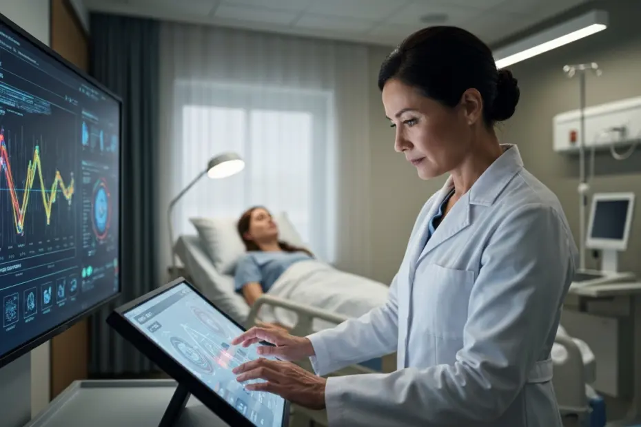 IA en la sanidad pública: el caso de Aragón y su plataforma pionera 5 A photorealistic image of a modern hospital room with a large screen showing AI-driven diagnostic data, a doctor in a white coat analyzing the screen, and a patient in bed in the background. Soft ligh