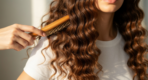 A close-up photorealistic image of a woman with healthy, shiny hair being gently brushed. Natural lighting, soft focus background, highlighting the texture and shine of the hair.