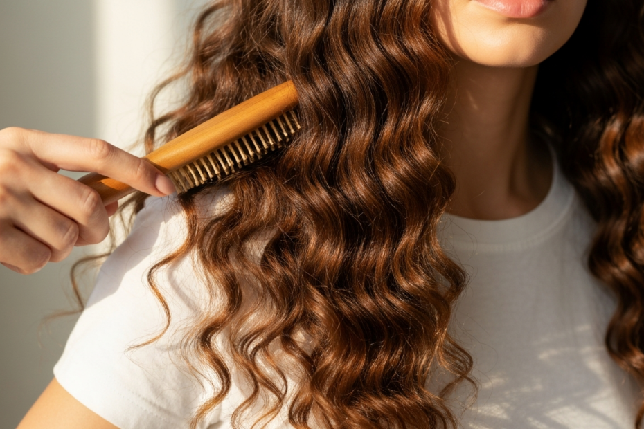 Cabello sano: 7 claves para fortalecerlo desde la raíz 1 A close-up photorealistic image of a woman with healthy, shiny hair being gently brushed. Natural lighting, soft focus background, highlighting the texture and shine of the hair.