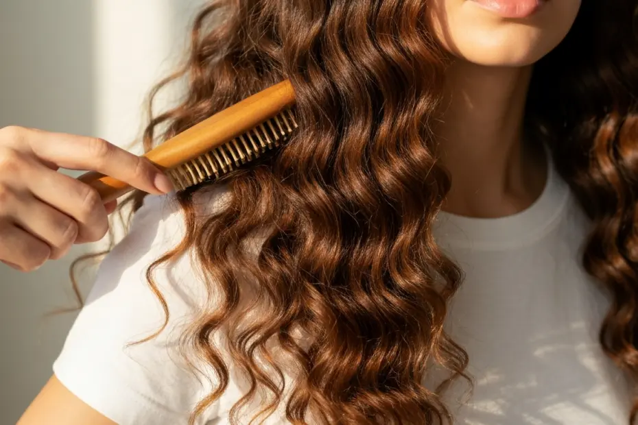Cabello sano: 7 claves para fortalecerlo desde la raíz 3 A close-up photorealistic image of a woman with healthy, shiny hair being gently brushed. Natural lighting, soft focus background, highlighting the texture and shine of the hair.