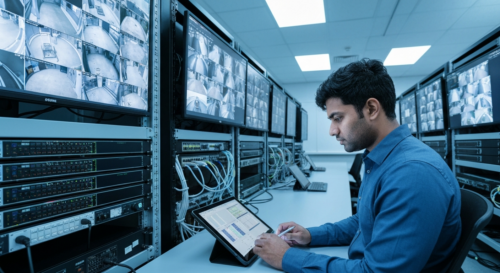 Photorealistic image of a modern broadcast laboratory with multiple monitors showing IP video streams, network switches, and cables, with an engineer analyzing data on a tablet.