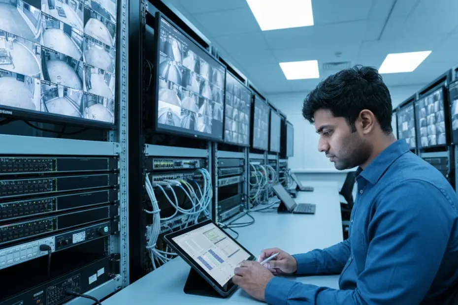 Laboratorio de pruebas IP: validación de proyectos de vídeo híbridos 5 Photorealistic image of a modern broadcast laboratory with multiple monitors showing IP video streams, network switches, and cables, with an engineer analyzing data on a tablet.