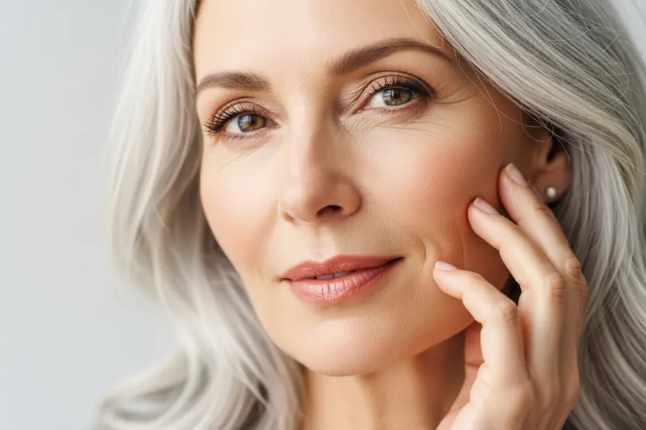 Menopausia y piel: por qué tu rutina de cuidados debe cambiar 1 A close-up, photorealistic portrait of a woman around 55 years old, with elegant silver hair and healthy, glowing skin. She is gently touching her cheek, looking confident and natural. Soft natural li