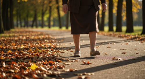 A photorealistic image of an elderly person walking slowly on a park path, with a thoughtful expression, soft natural light, autumn leaves on the ground, focus on the legs and walking motion, no text