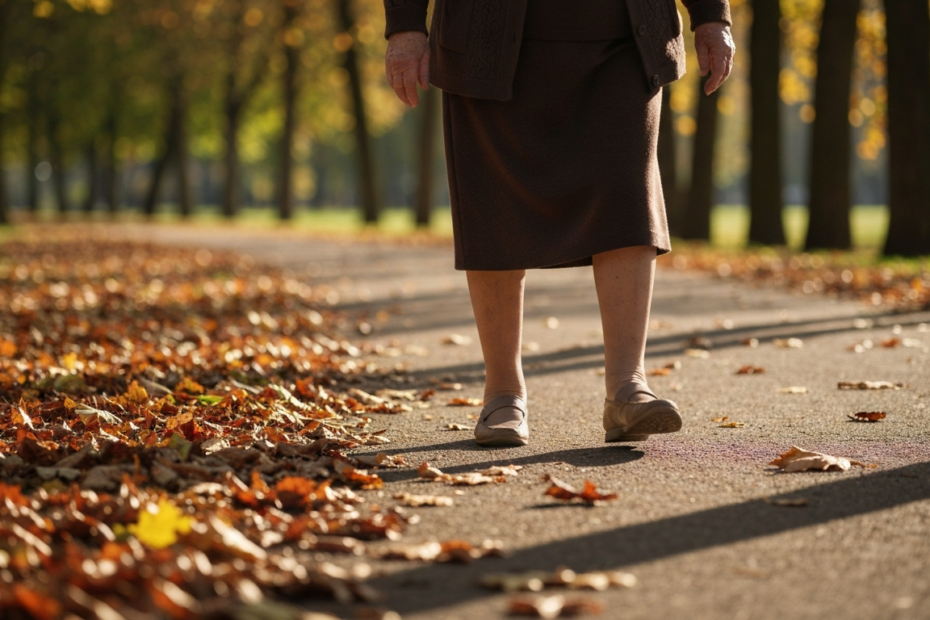 Por qué los ancianos caminan más despacio: ciencia y prevención 1 A photorealistic image of an elderly person walking slowly on a park path, with a thoughtful expression, soft natural light, autumn leaves on the ground, focus on the legs and walking motion, no text