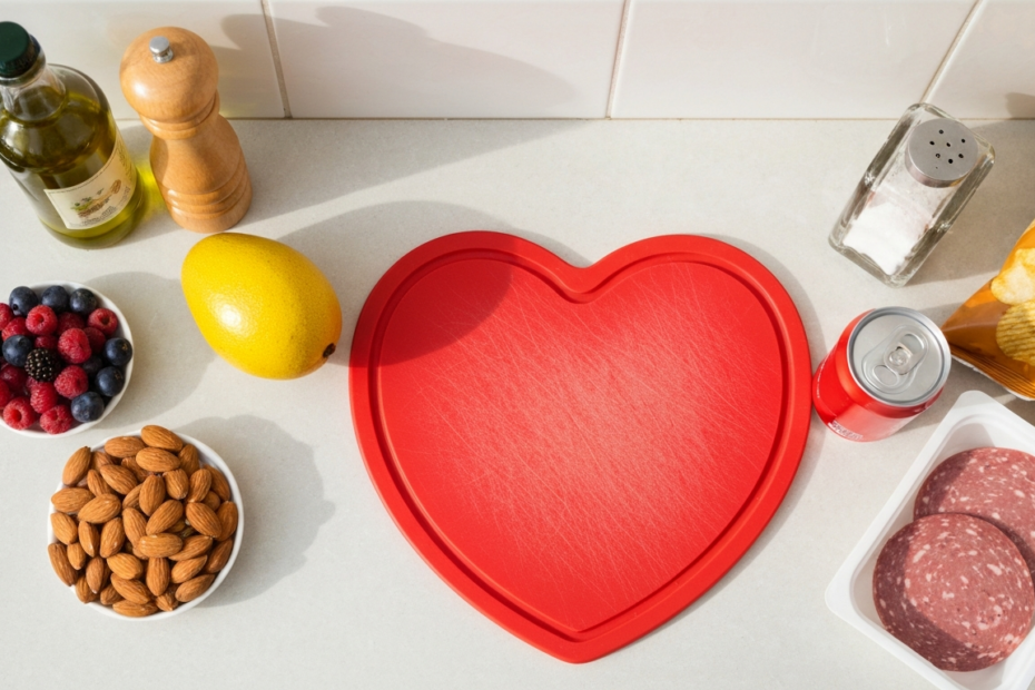 Alimentación y corazón: cómo la dieta afecta tu riesgo cardiovascular 1 A photorealistic top-down view of a kitchen counter with a mix of healthy foods (avocado, nuts, berries, olive oil) and unhealthy foods (soda, chips, processed meat) clearly separated, with a heart-sh