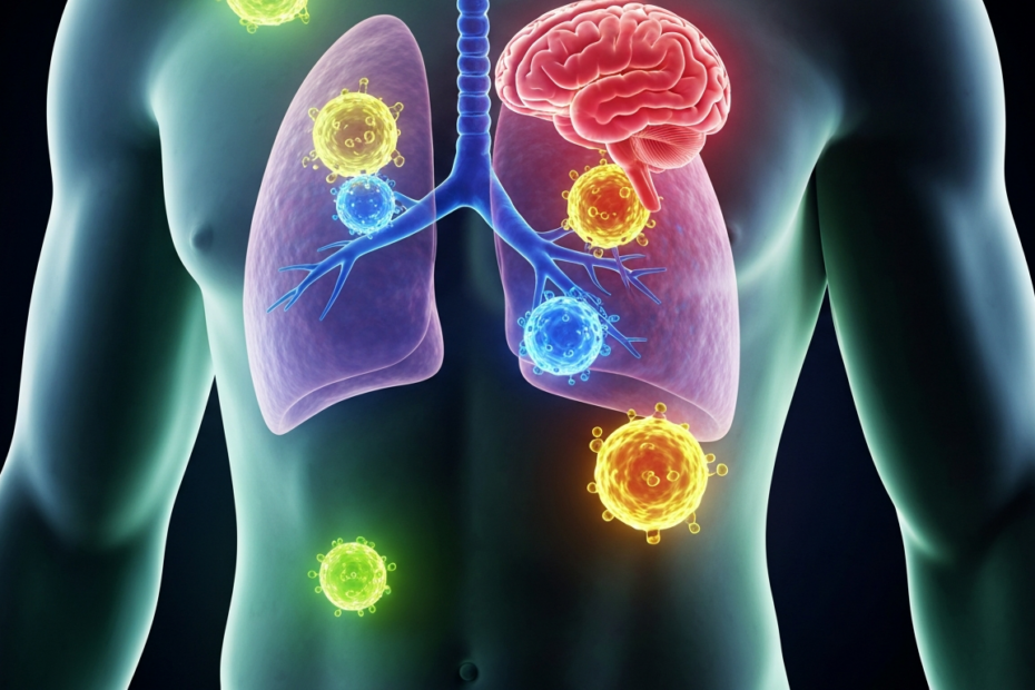 Inmunoterapia y cáncer: cómo el cuerpo lucha contra tumores múltiples 1 Photorealistic image of a human torso with glowing immune cells (T-cells) attacking tumor cells in the lungs and brain, symbolic representation of immunotherapy, medical illustration style, bright col