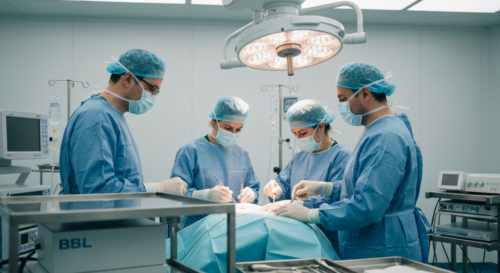 A photorealistic image of a modern, sterile operating room with a surgical team performing a BBL procedure. The focus is on the medical equipment and the professionalism of the surgeons. No patients v