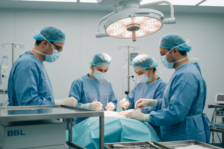 Riesgos de cirugía estética de glúteos: lo que debes saber 1 A photorealistic image of a modern, sterile operating room with a surgical team performing a BBL procedure. The focus is on the medical equipment and the professionalism of the surgeons. No patients v
