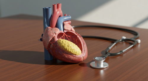A photorealistic image of a human heart with arteries partially clogged by yellowish cholesterol plaques, seen in a medical illustration style, with a stethoscope nearby on a wooden desk, soft lightin