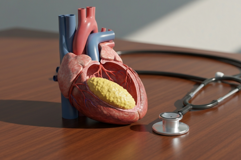 Colesterol alto: mitos y verdades según la cardiología 1 A photorealistic image of a human heart with arteries partially clogged by yellowish cholesterol plaques, seen in a medical illustration style, with a stethoscope nearby on a wooden desk, soft lightin
