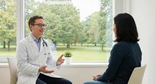 A doctor in a white coat talking empathetically to a patient in a bright, modern consultation room, with a window showing a green park, conveying holistic health.