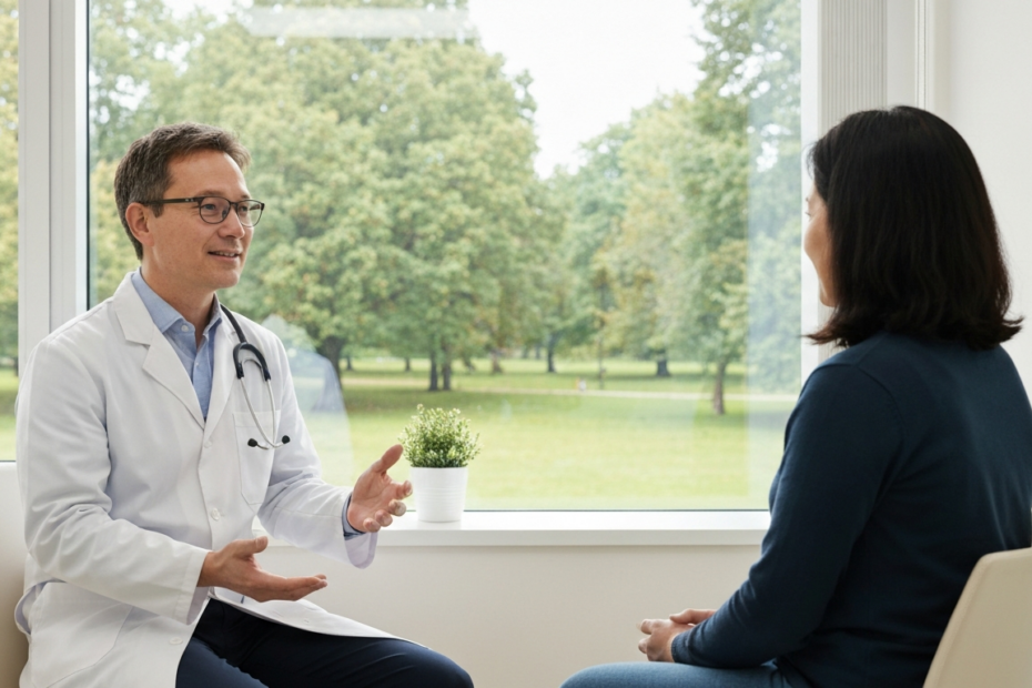 Salud integral: física, mental y social según Manciaux 1 A doctor in a white coat talking empathetically to a patient in a bright, modern consultation room, with a window showing a green park, conveying holistic health.