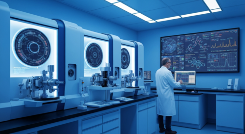 A photorealistic image of a modern medical laboratory with advanced analyzers, a scientist analyzing data on a large screen showing biomarkers and genetic profiles, soft blue lighting, clean and high-