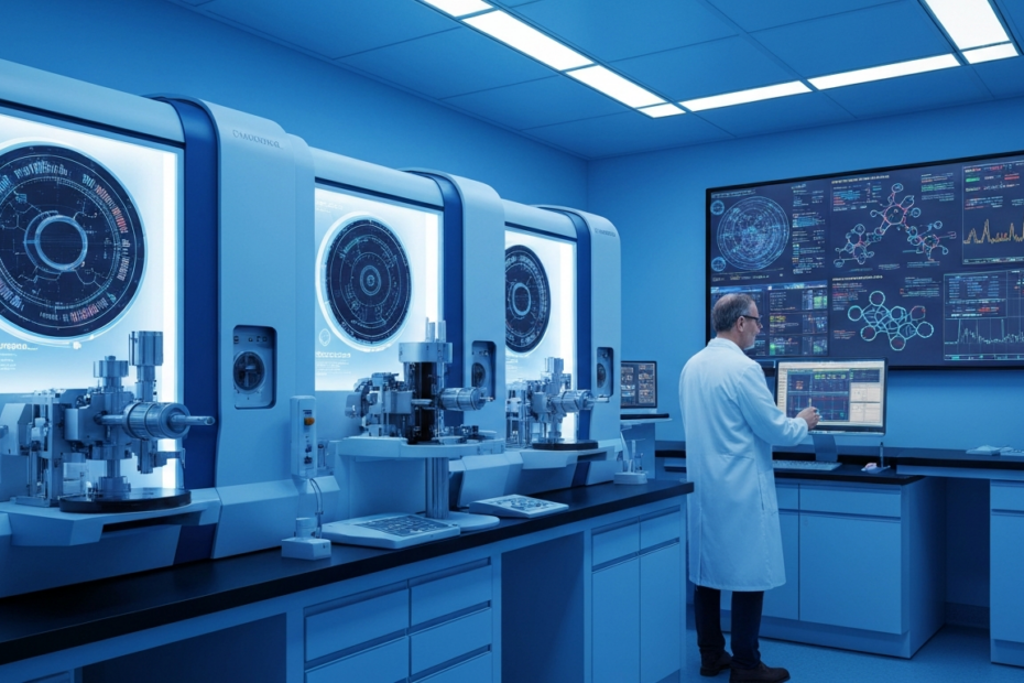 Medicina de laboratorio: el eslabón perdido en las decisiones clínicas 1 A photorealistic image of a modern medical laboratory with advanced analyzers, a scientist analyzing data on a large screen showing biomarkers and genetic profiles, soft blue lighting, clean and high-