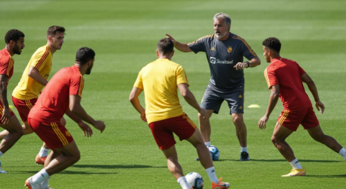 Professional football team training session on a green field, players in red and yellow jerseys doing tactical drills, coach giving instructions, bright daylight, photorealistic, high detail, no text