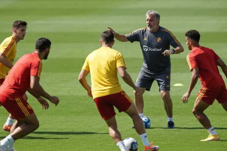 Entrenamiento precompetitivo: claves del último ensayo antes del partido 3 Professional football team training session on a green field, players in red and yellow jerseys doing tactical drills, coach giving instructions, bright daylight, photorealistic, high detail, no text