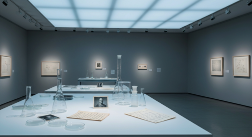 Photorealistic image of an art gallery space with laboratory elements: petri dishes, beakers, and memory-related objects like old photographs and handwritten notes arranged on a white table, soft ligh
