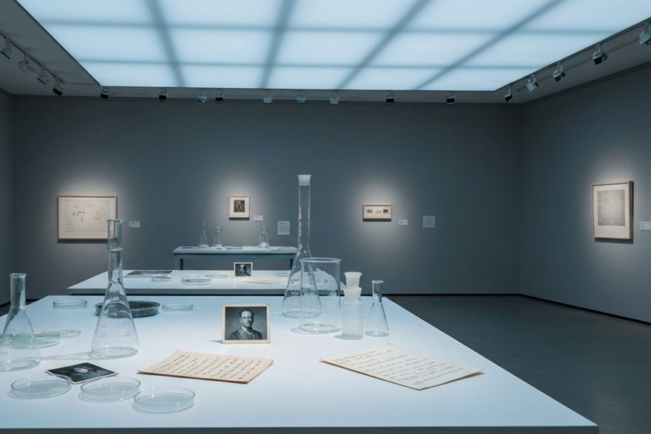 Laboratorios de memoria: ciencia, arte y lo residual 1 Photorealistic image of an art gallery space with laboratory elements: petri dishes, beakers, and memory-related objects like old photographs and handwritten notes arranged on a white table, soft ligh