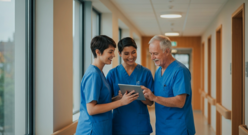 A photorealistic image of a team of nurses in a modern hospital corridor, smiling and consulting a tablet, with warm lighting and a sense of collaboration. No text or logos.