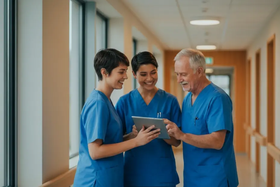 Claves de los mejores equipos de enfermería en España 1 A photorealistic image of a team of nurses in a modern hospital corridor, smiling and consulting a tablet, with warm lighting and a sense of collaboration. No text or logos.